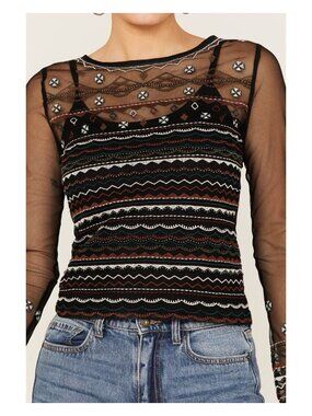 SHYANNE WOMEN'S BEADED MESH CROP TOP Black Sheer Cowgirl Medium Elegant